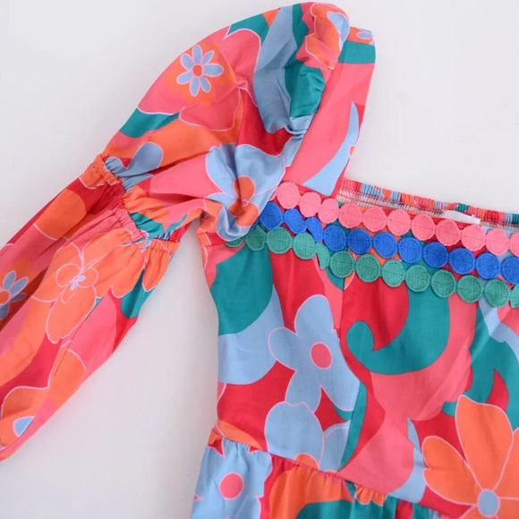 Alden Adair Mia Trippy Boho Red Floral Short Sleeve Midi Dress S NWT - Picture 12 of 14